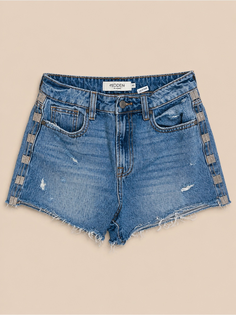 Hidden Los Angeles Rhinestone Side Stripe Distressed Denim Shorts – XS